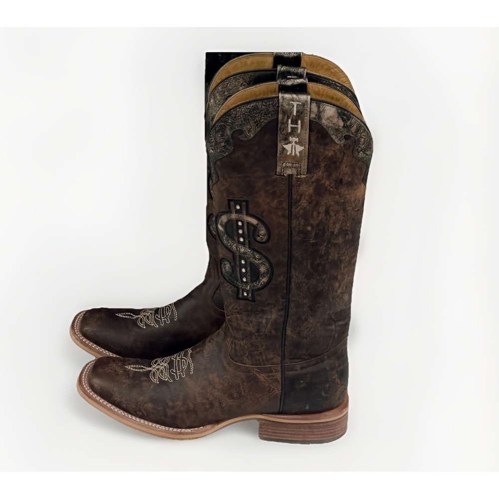 Tin Haul Rhinestone Cowboy Dollar Boots Women's 8M Brown Leather Square Toe